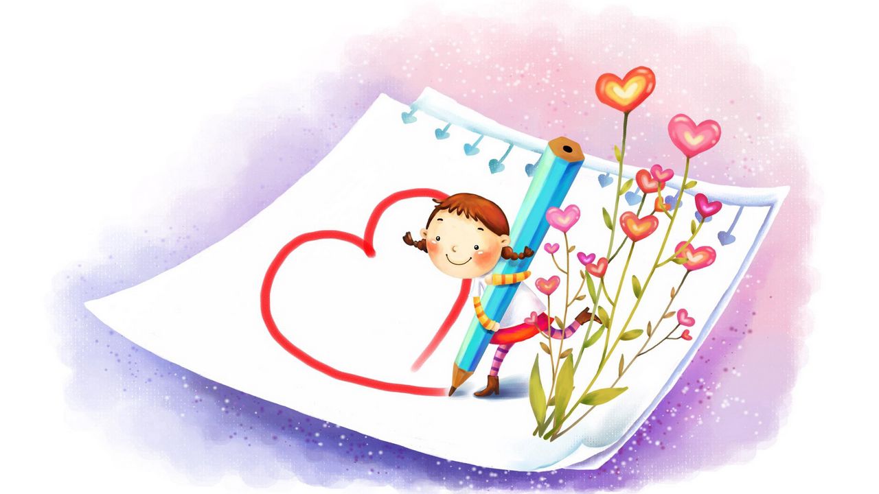 Wallpaper drawing, hearts, pencil, paper, girl, boots, positive