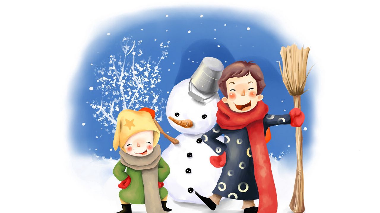 Wallpaper drawing, kids, fun, snowman, winter, bucket, broom, buttons, scarves