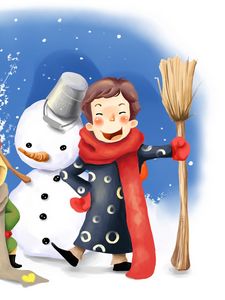 Preview wallpaper drawing, kids, fun, snowman, winter, bucket, broom, buttons, scarves