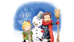 Preview wallpaper drawing, kids, fun, snowman, winter, bucket, broom, buttons, scarves