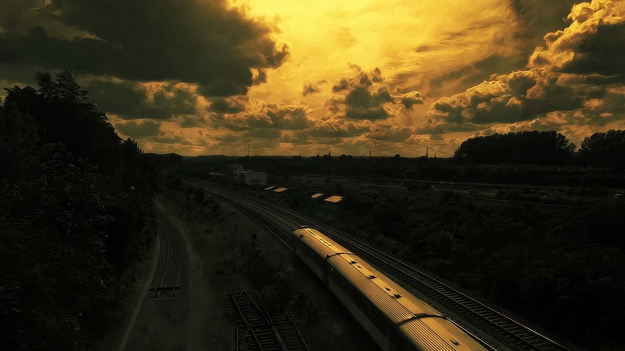 Wallpaper drawing, oil, train, railway, sunset, sky