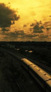 Preview wallpaper drawing, oil, train, railway, sunset, sky