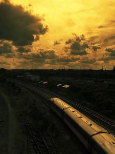 Preview wallpaper drawing, oil, train, railway, sunset, sky