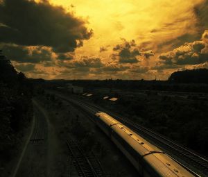 Preview wallpaper drawing, oil, train, railway, sunset, sky