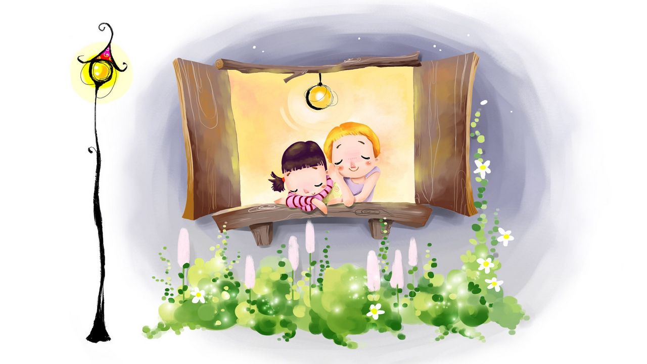 Wallpaper drawing, window, comfort, couple, lights, flowers