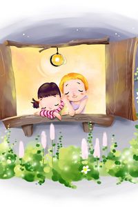 Preview wallpaper drawing, window, comfort, couple, lights, flowers