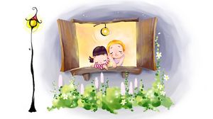 Preview wallpaper drawing, window, comfort, couple, lights, flowers