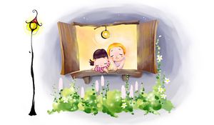 Preview wallpaper drawing, window, comfort, couple, lights, flowers