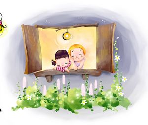 Preview wallpaper drawing, window, comfort, couple, lights, flowers