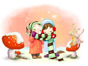 Preview wallpaper drawing, winter, kids, breath, snowflakes, mushrooms, rabbits, scarf