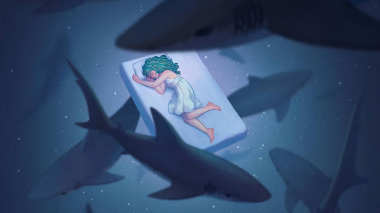 Wallpaper dream, underwater world, sharks, girl, art