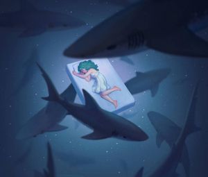 Preview wallpaper dream, underwater world, sharks, girl, art