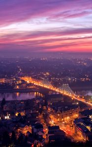 Preview wallpaper dresden, germany, bridge, lights, river, elbe, evening, orange, sunset, view, elevation, panorama