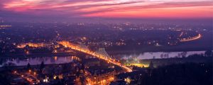 Preview wallpaper dresden, germany, bridge, lights, river, elbe, evening, orange, sunset, view, elevation, panorama