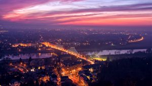 Preview wallpaper dresden, germany, bridge, lights, river, elbe, evening, orange, sunset, view, elevation, panorama