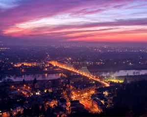 Preview wallpaper dresden, germany, bridge, lights, river, elbe, evening, orange, sunset, view, elevation, panorama