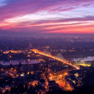 Preview wallpaper dresden, germany, bridge, lights, river, elbe, evening, orange, sunset, view, elevation, panorama