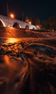 Preview wallpaper driftwood, bridge, night, lights, glow