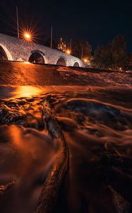 Preview wallpaper driftwood, bridge, night, lights, glow