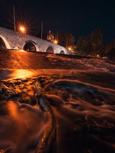 Preview wallpaper driftwood, bridge, night, lights, glow