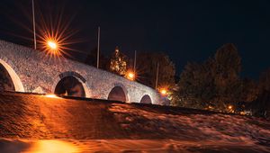 Preview wallpaper driftwood, bridge, night, lights, glow