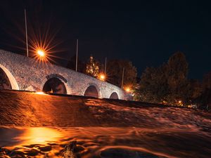 Preview wallpaper driftwood, bridge, night, lights, glow