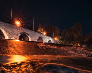 Preview wallpaper driftwood, bridge, night, lights, glow