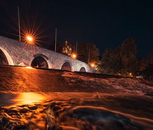 Preview wallpaper driftwood, bridge, night, lights, glow