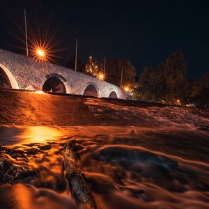 Preview wallpaper driftwood, bridge, night, lights, glow