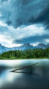 Preview wallpaper driftwood, lake, mountains, sky, clouds