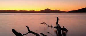 Preview wallpaper driftwood, sea, sunset, horizon, sky