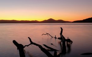 Preview wallpaper driftwood, sea, sunset, horizon, sky