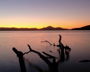 Preview wallpaper driftwood, sea, sunset, horizon, sky