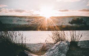 Preview wallpaper driftwood, sun, rays, lake, horizon