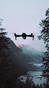 Preview wallpaper drone, quadrocopter, mountains, dusk, landscape