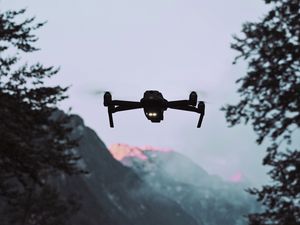 Preview wallpaper drone, quadrocopter, mountains, dusk, landscape