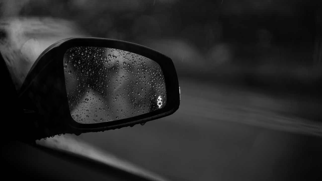 Wallpaper drops, glass, bw, mirror, car