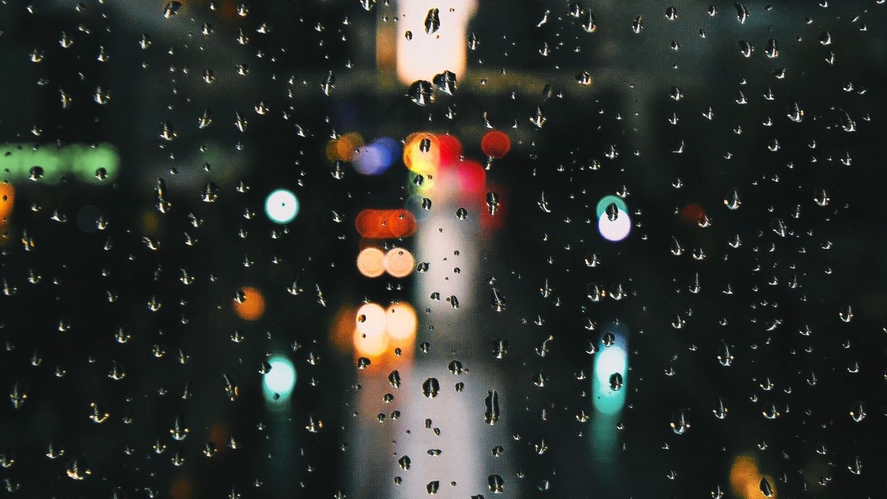 Wallpaper drops, rain, glare, bokeh, window, glass, moisture, surface