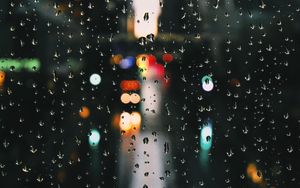 Preview wallpaper drops, rain, glare, bokeh, window, glass, moisture, surface
