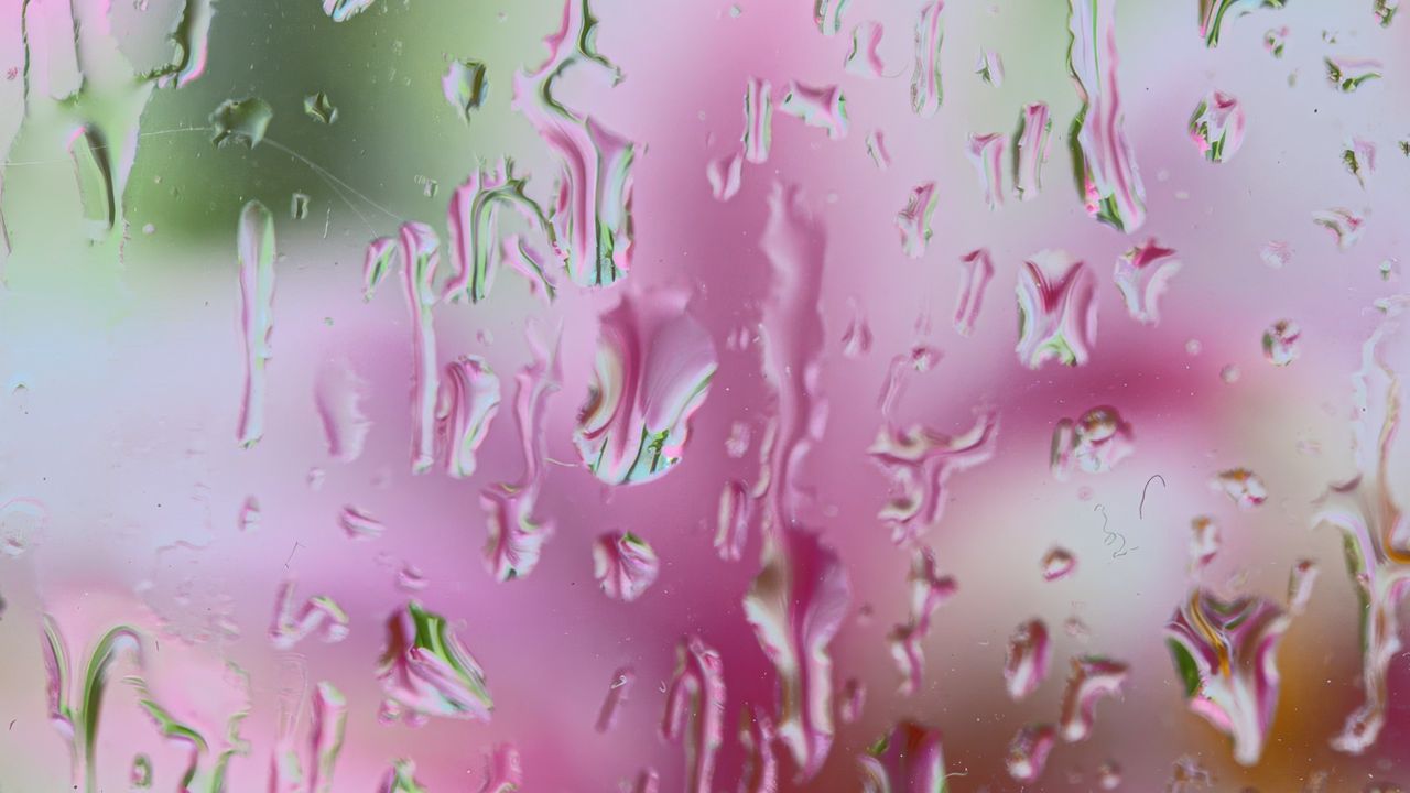 Wallpaper drops, rain, glass, blur, macro, pink, green