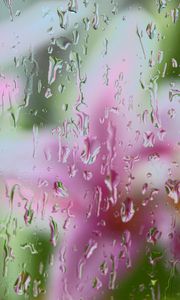 Preview wallpaper drops, rain, glass, blur, macro, pink, green