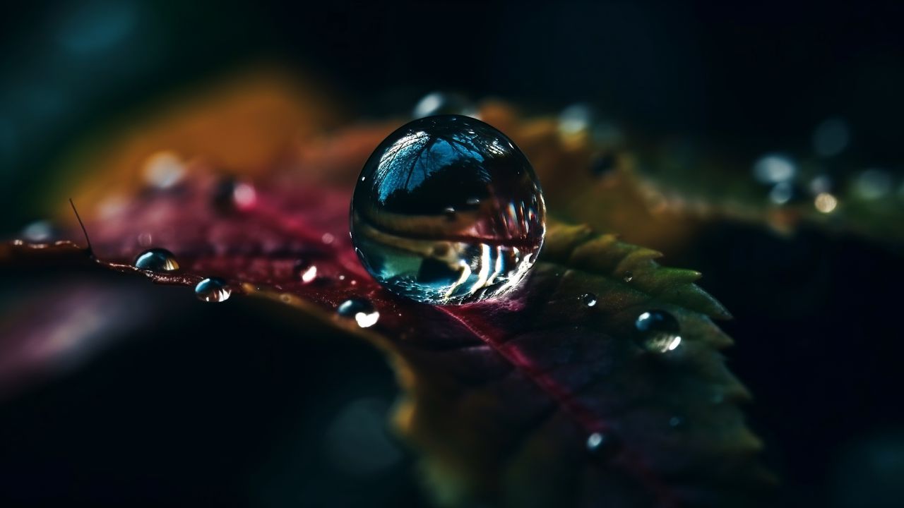 Wallpaper drops, water, macro, reflection, leaf