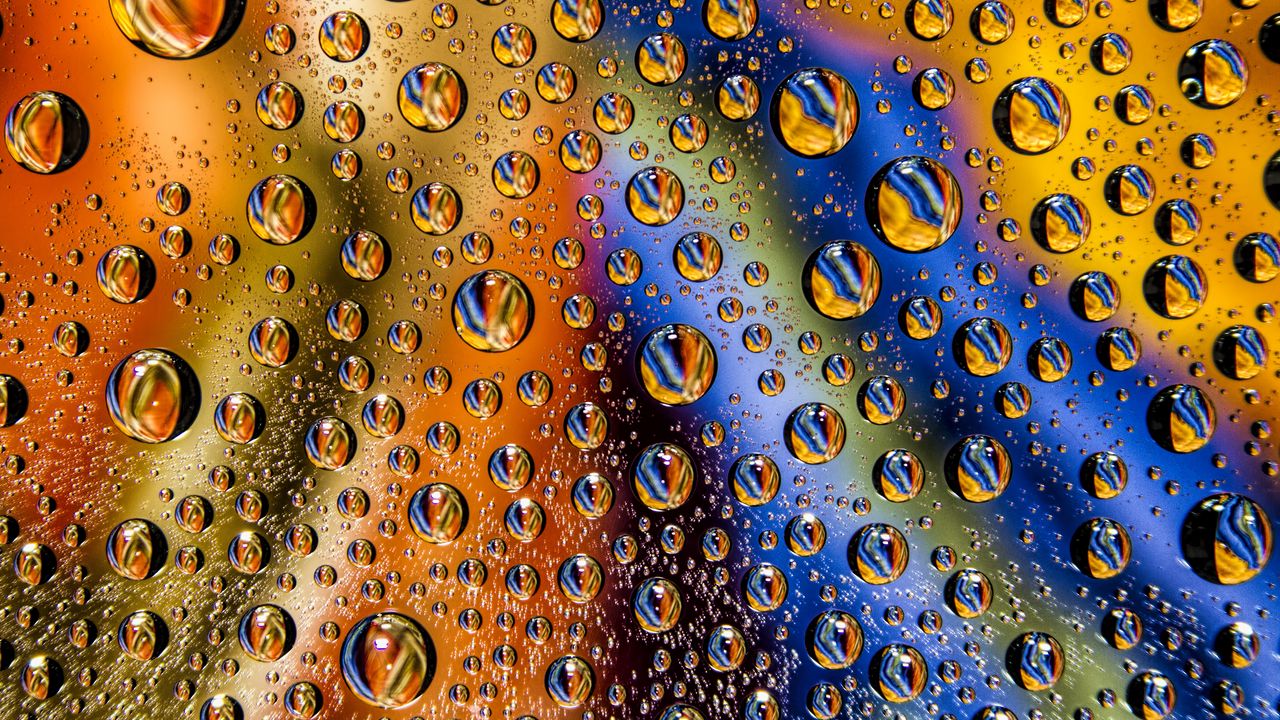 Wallpaper drops, wet, surface, colorful, macro