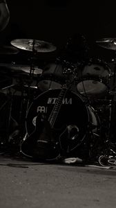 Preview wallpaper drum kit, electric guitar, guitar, music, black and white