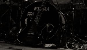 Preview wallpaper drum kit, electric guitar, guitar, music, black and white