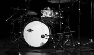 Preview wallpaper drums, drum kit, musical instrument, music, black and white