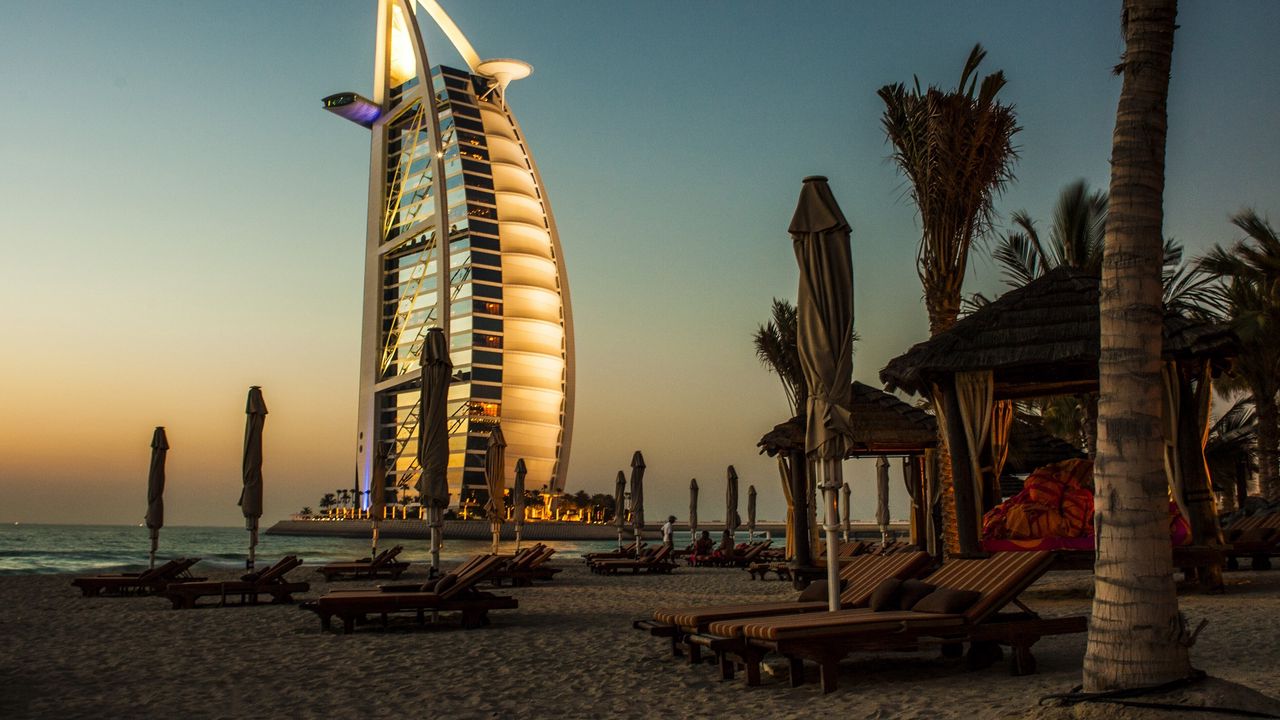 Wallpaper dubai, burj al arab, palm trees, deck chairs, beach