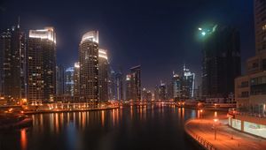 Preview wallpaper dubai, city, skyscrapers, water, night, lights