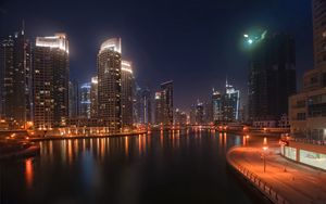 Preview wallpaper dubai, city, skyscrapers, water, night, lights