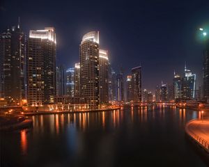 Preview wallpaper dubai, city, skyscrapers, water, night, lights